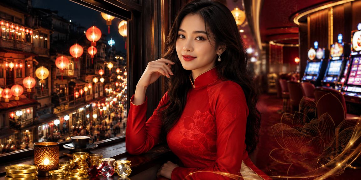 Người dùng Hà Nội mặc áo dài xem kết quả jackpot slot qua điện thoại tại quán trà
